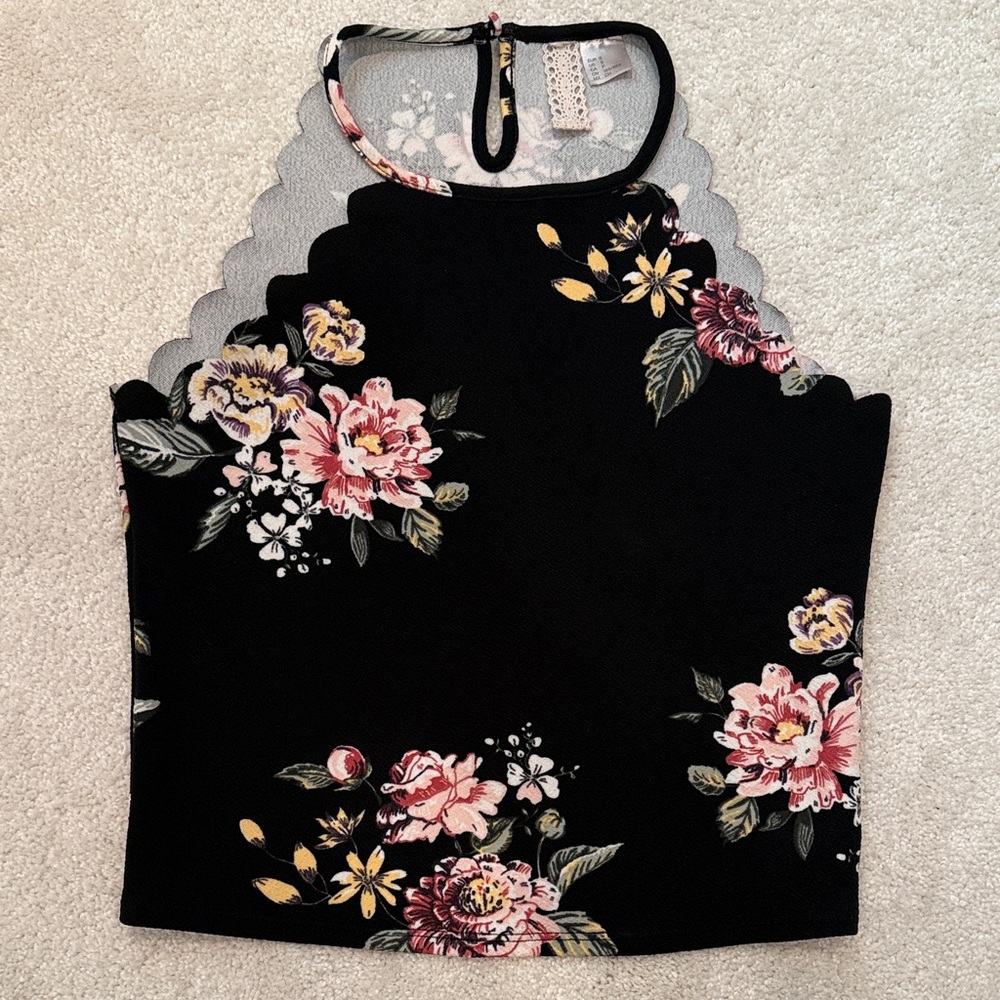 H&M Black Floral Scalloped Halter Crop Camisole